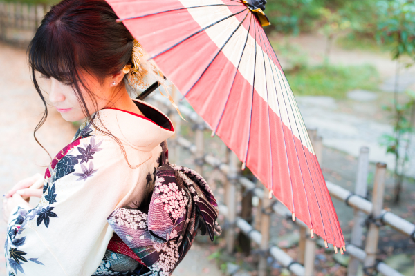 着物を着た女性が和傘を指している様子